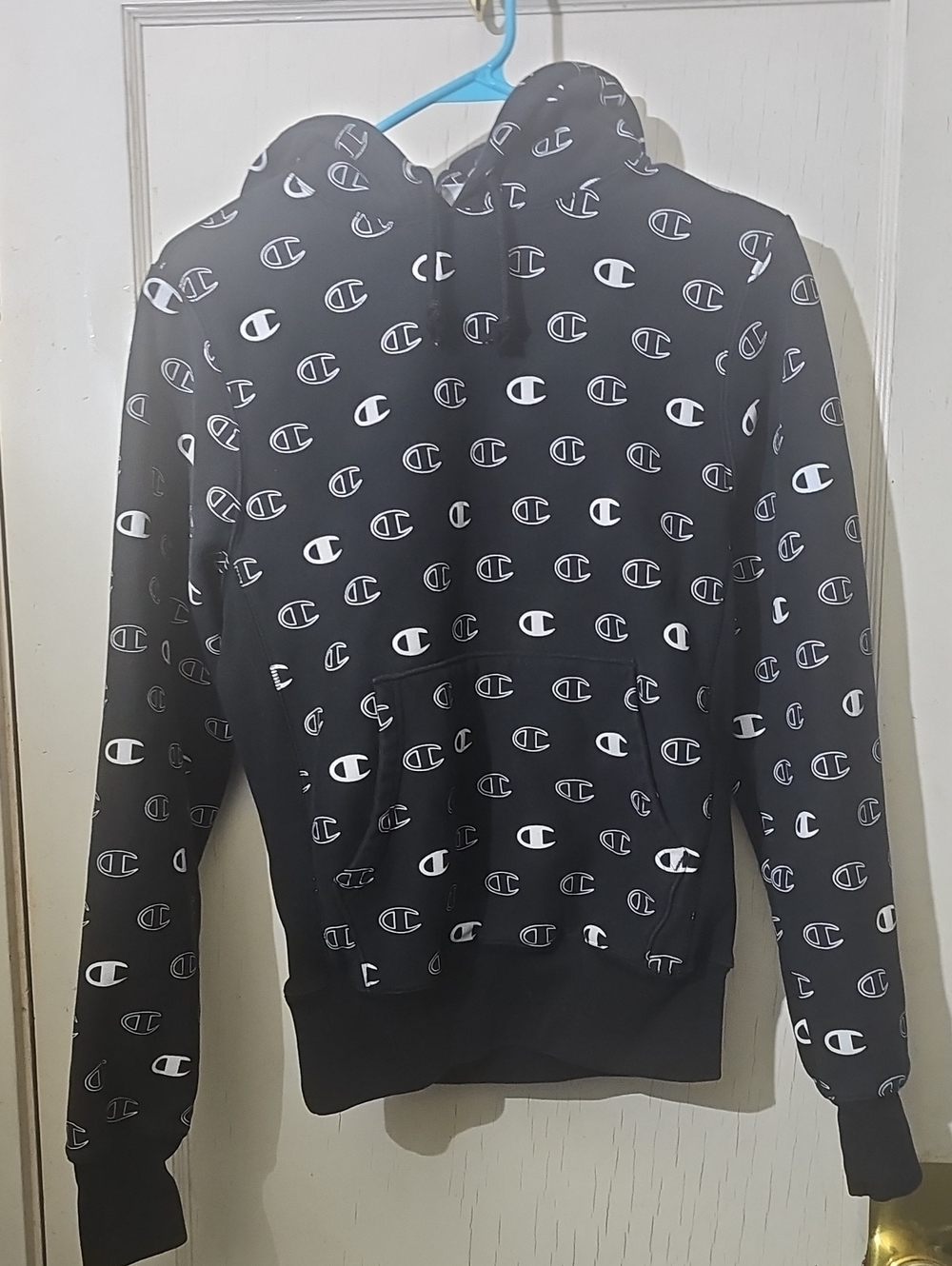 Champion Black Hoodie with White Allover Logo - Men